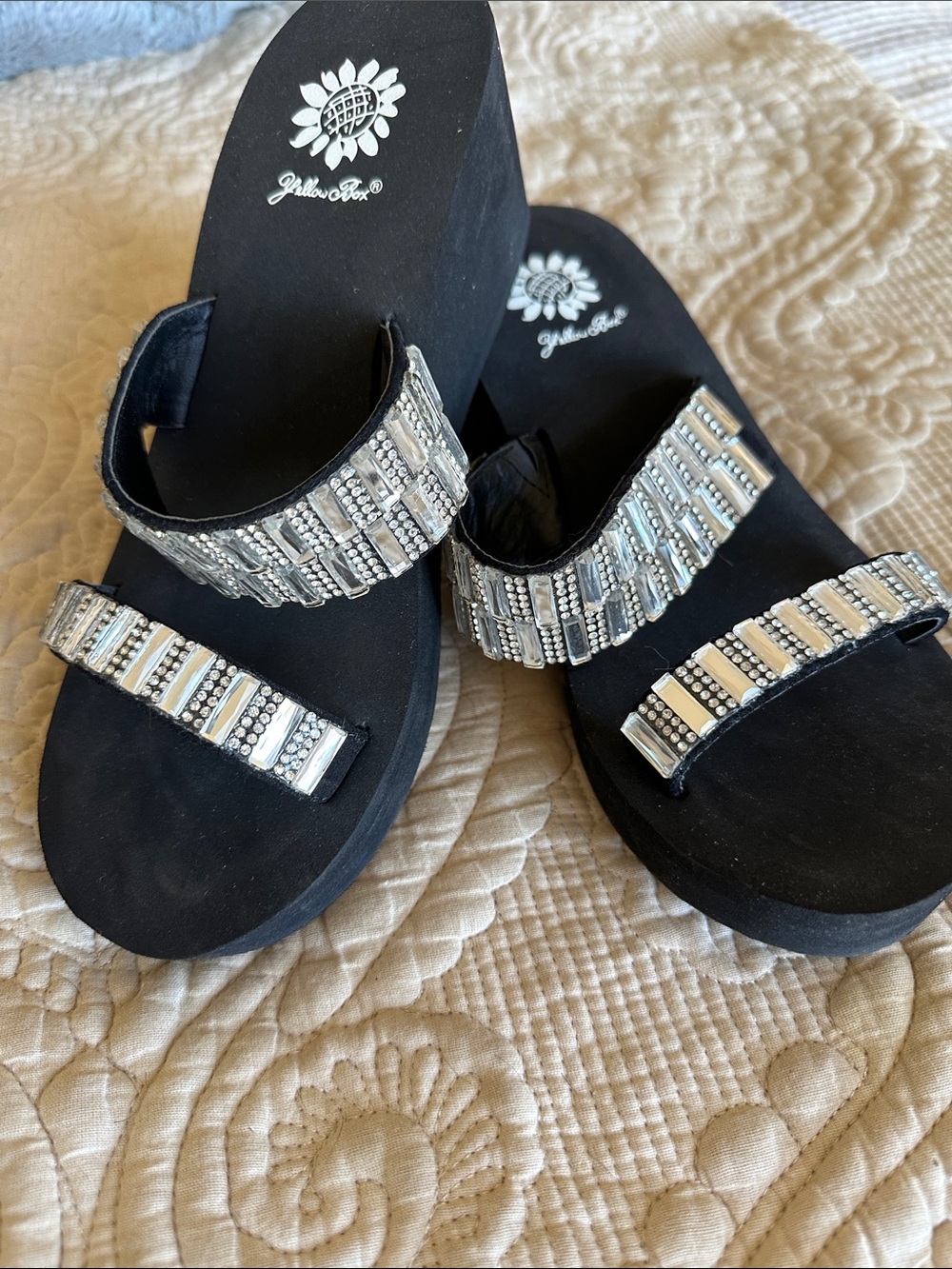 Yellow Box Black Slide Sandals with Silver Jeweled Straps